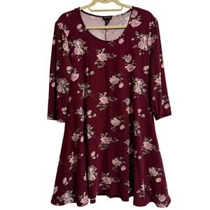 Justify Burgundy Floral Print 3/4 Sleeve Swing Dress‎ Women's Size L
